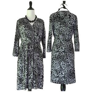 Ellen Tracy Faux Wrap Dress L 12 Tie Waist Animal Print Office Black Work V Neck